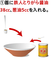 ①器に鉄人とりがら醤油38cc、葱油5ccを入れる。